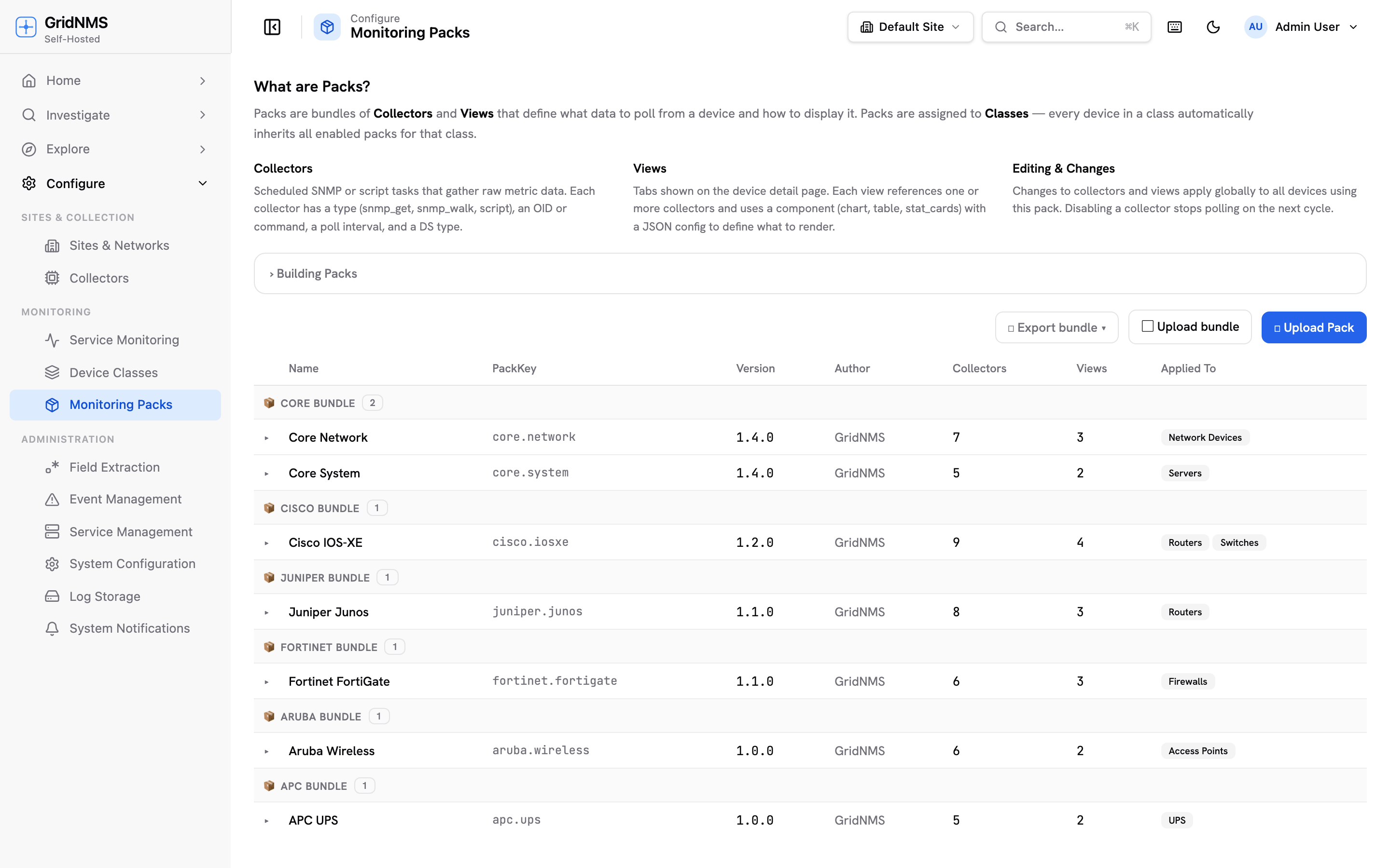 A pack expanded to show its collectors, each with an enable/disable toggle