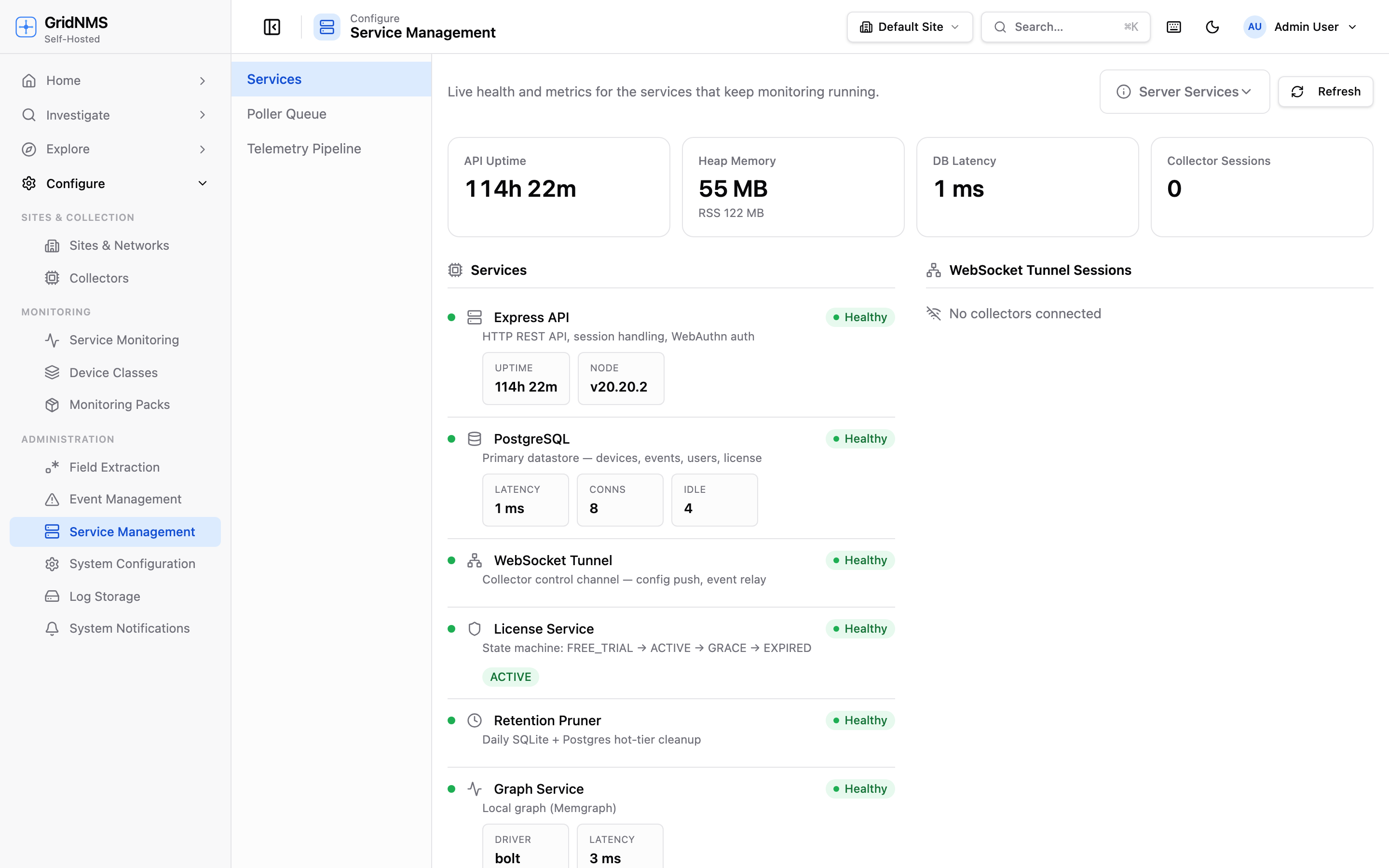 The Service Management page showing service health and collector sessions.